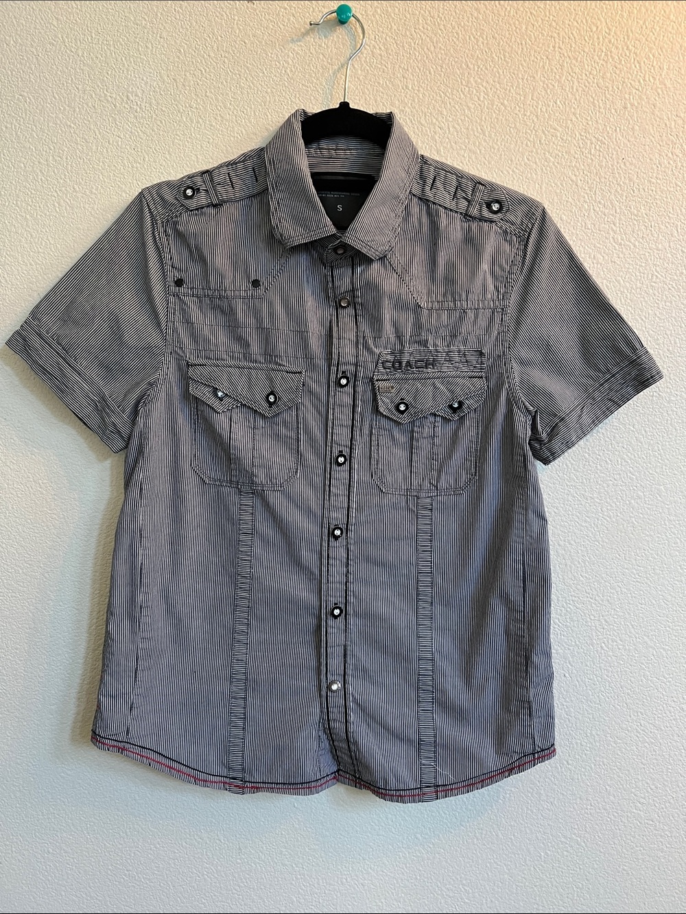 COACH 1979 CH079 Retro Button-Up Short Sleeve Shirt Pinstriped Grey/White Men S